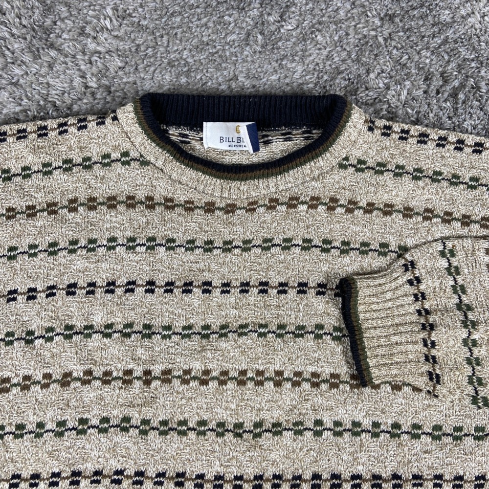 Vintage Bill Blass Sweater Mens L Tan Striped Grandpacore Textured Knit Crewneck